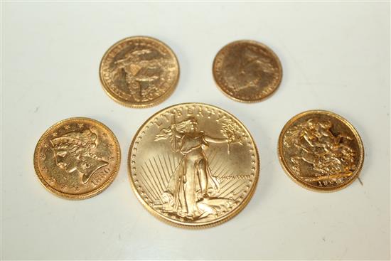 Liberty 50 dollar gold coin, 2 USA gold coins, a sovereign and a half sovereign (5 coins)